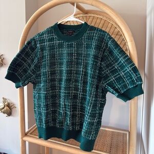 Ann Taylor Factory Forest Green Plaid Short-Sleeve Crewneck Sweater